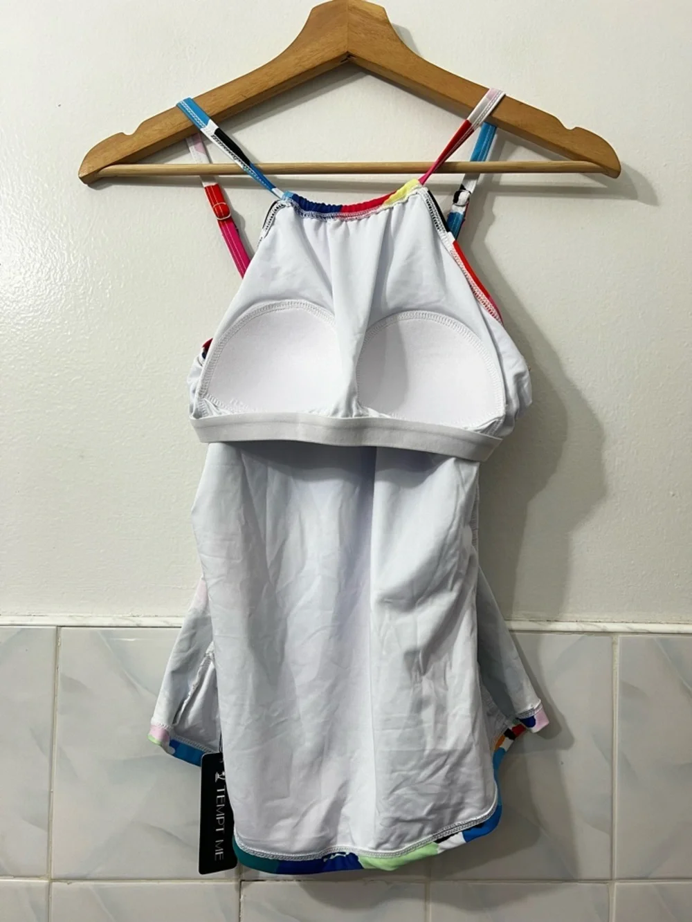 Tempt Me XS Abstract Color Block High Neck Tankini Swim Top Beach Vacation